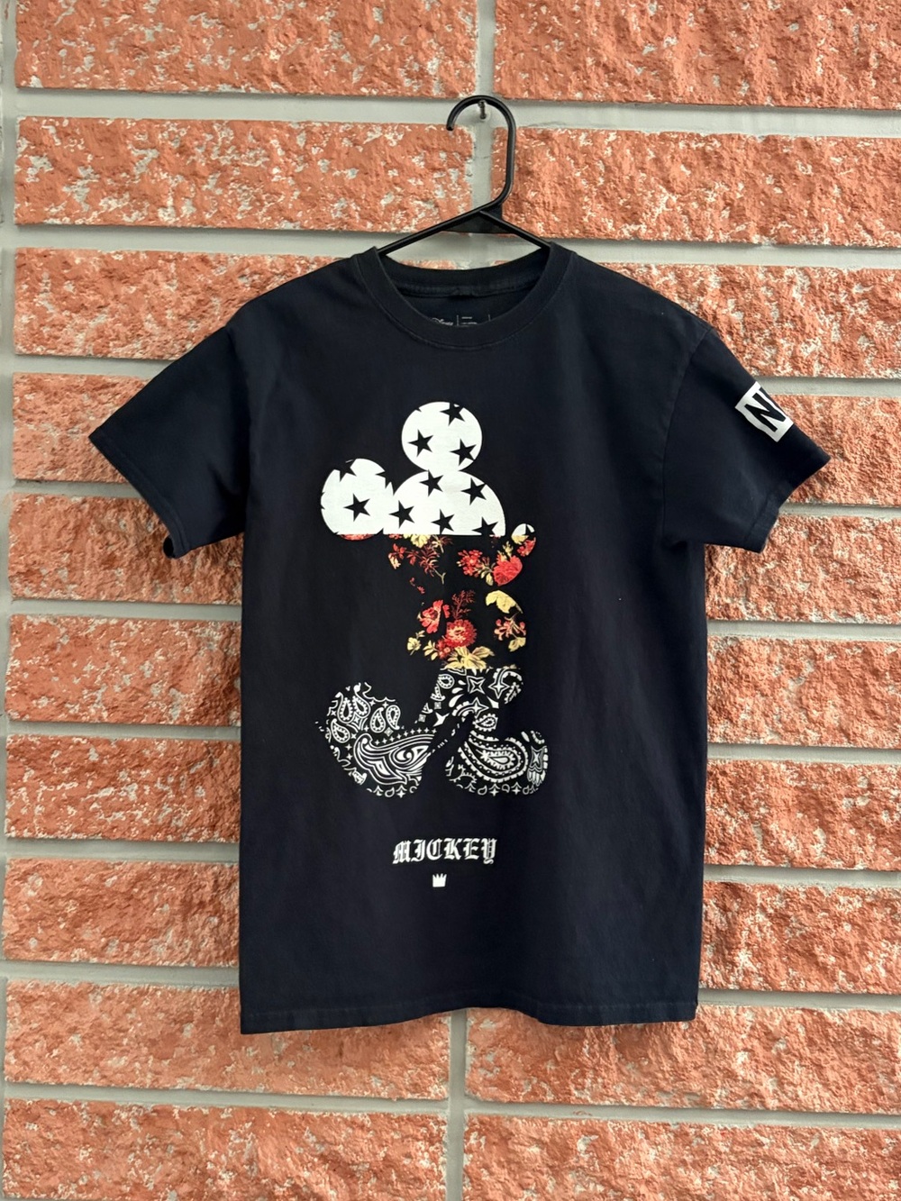Neff Black Graphic Mickey Tee with Floral & Bandana Motifs